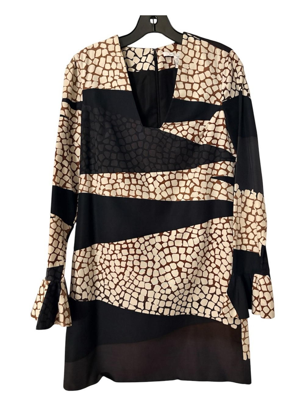 Diane Von Furstenberg Black and Cream Patterned V-Neck Tunic Dress